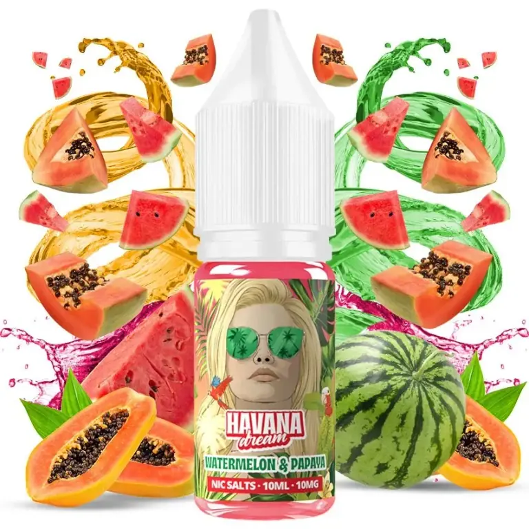 Frasco Havana Dream Watermelon & Papaya con tapón blanco y etiqueta ilustrada, rodeado de sandía, papaya y salpicaduras de colores.