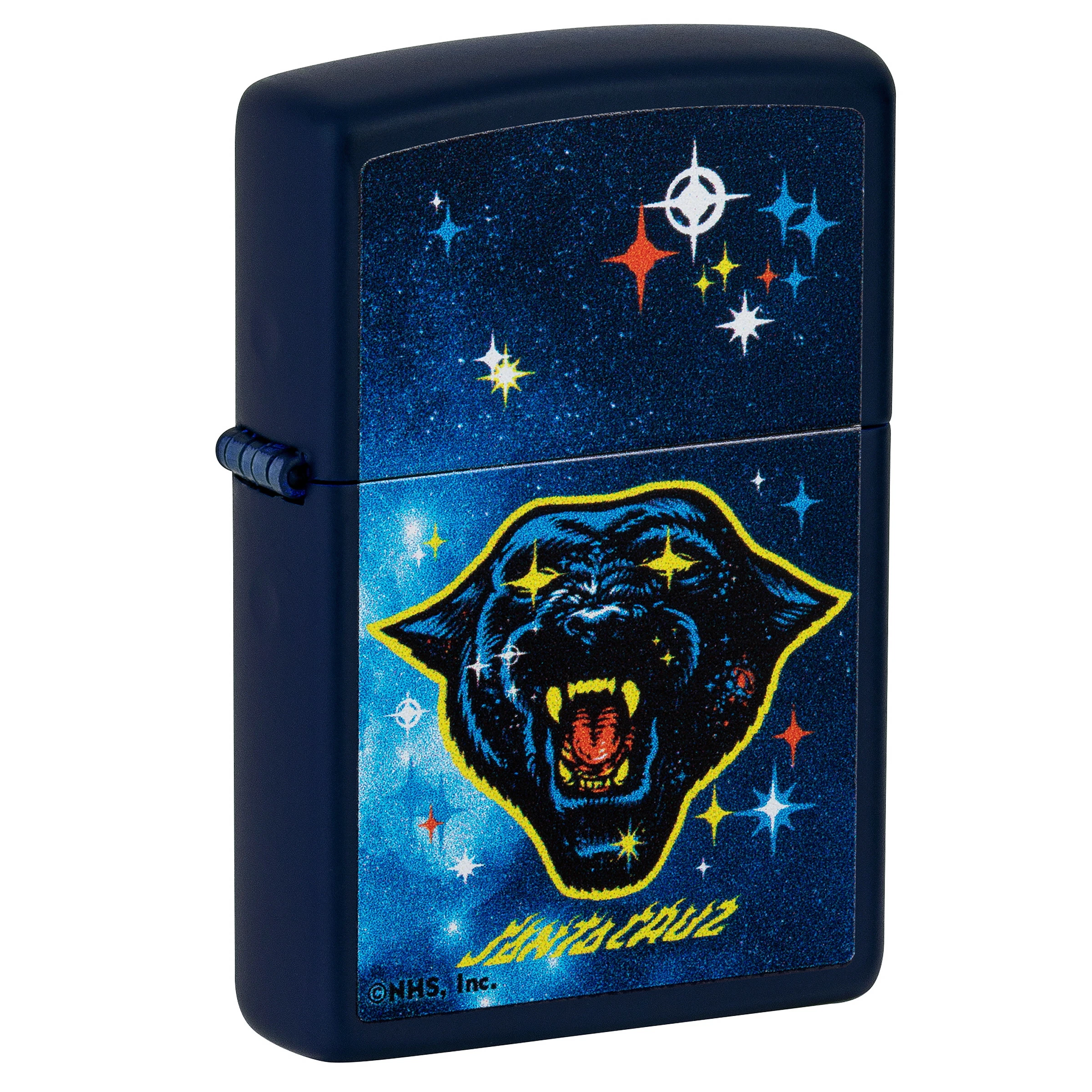 Encendedor Zippo Santa Cruz cerrado, azul oscuro, decorado con una pantera de boca abierta y estrellas de colores.