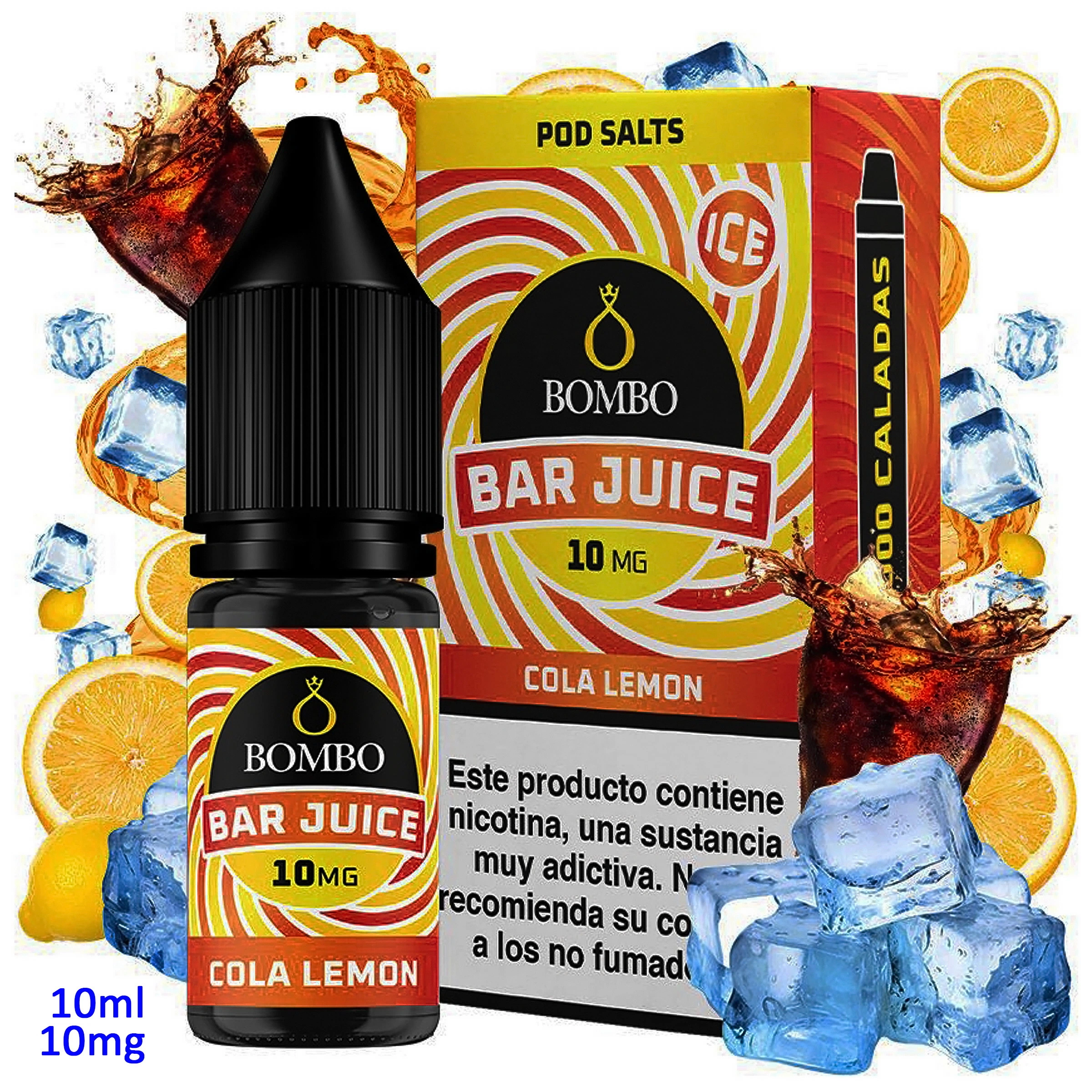 Bote y caja de Bar Juice Bombo Cola Lemon Ice, con etiquetas de 10 mg, rodeados de cítricos, cubitos de hielo y salpicaduras de cola.