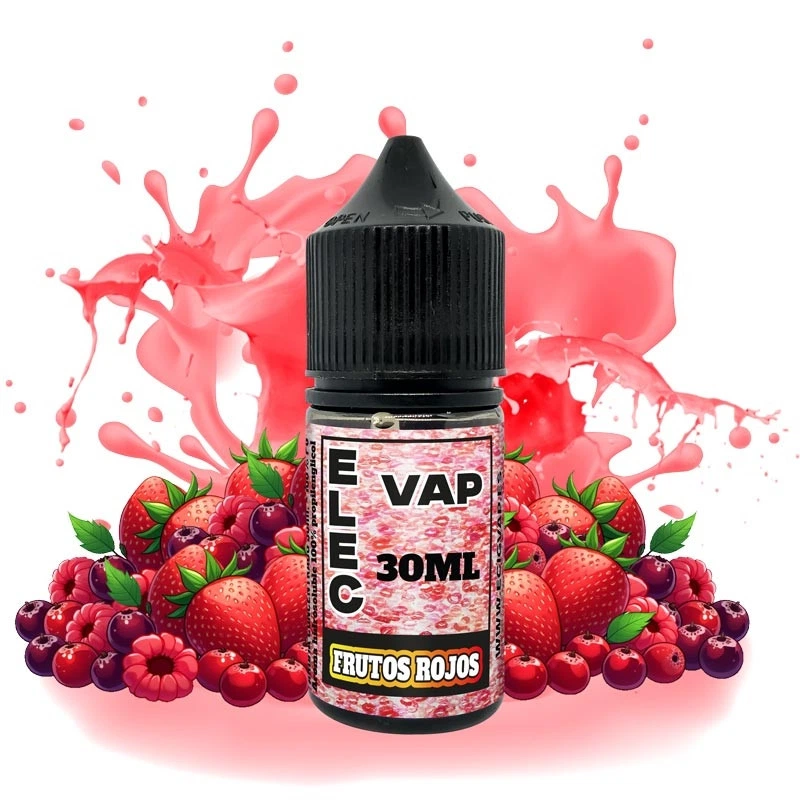 Bote de aroma Frutos Rojos de Elecvap con tapón negro y etiqueta de 30 ml, rodeado de frutos rojos y una salpicadura rosa.