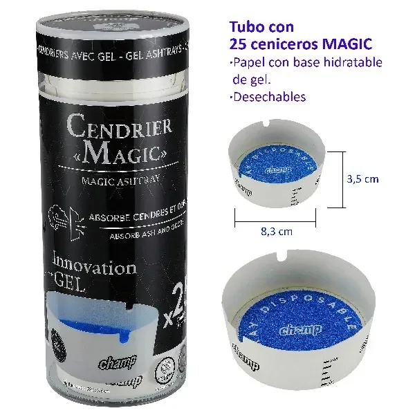 Tubo Champ rotulado con 25 ceniceros Magic, junto a vistas de un cenicero blanco con base azul y texto explicativo.