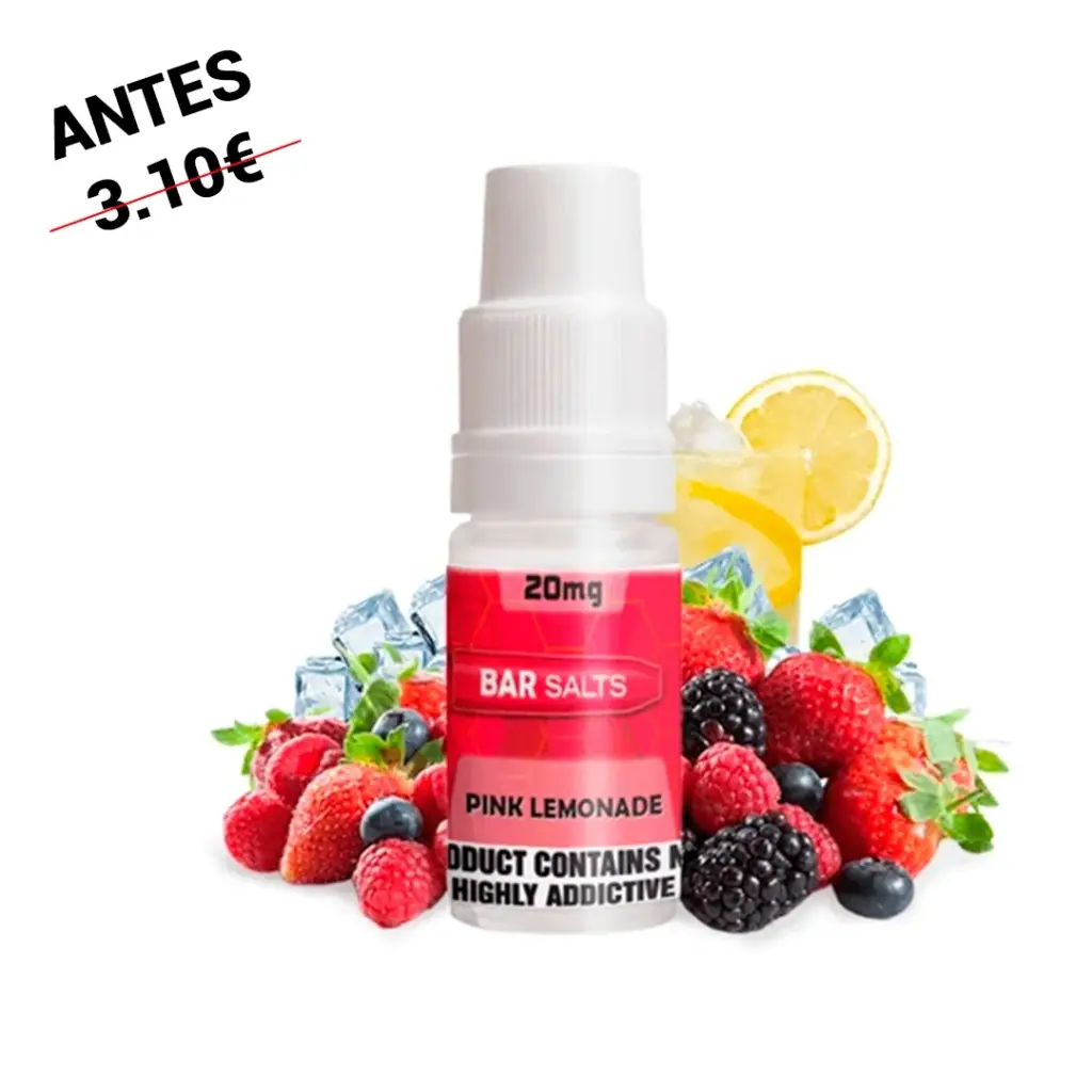 Bote de Bar Salts Pink Lemonade con etiqueta roja y mención de 20 mg, rodeado de frutos rojos, hielo y rodajas de limón.