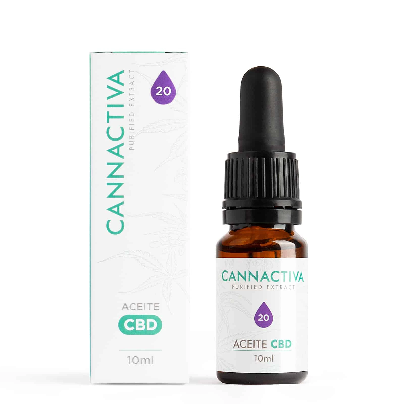 Frasco ámbar de aceite CBD Cannactiva con cuentagotas negro junto a su caja blanca, con una gota morada marcada 20 y texto de 10 ml.