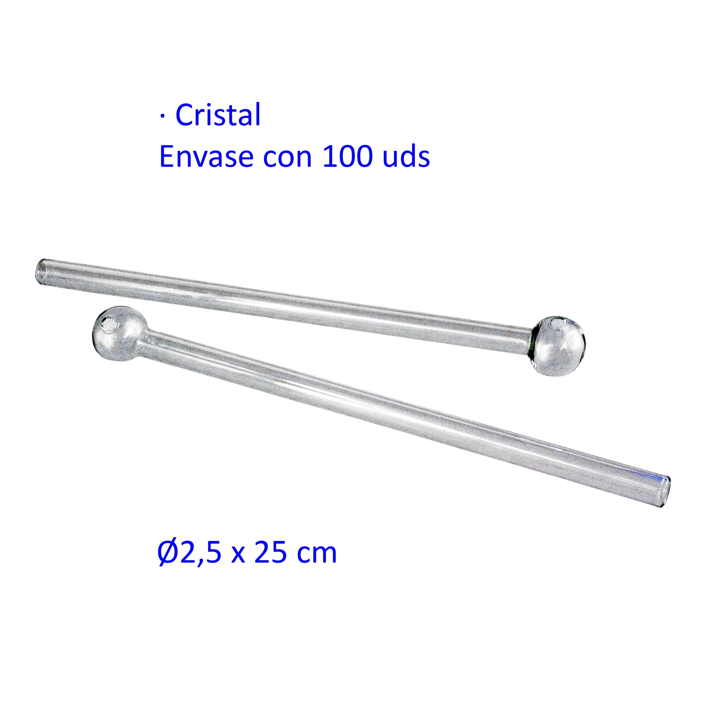 Pipas de cristal transparente con tubo recto alargado y cazoleta esférica, dispuestas en diagonal sobre fondo blanco.