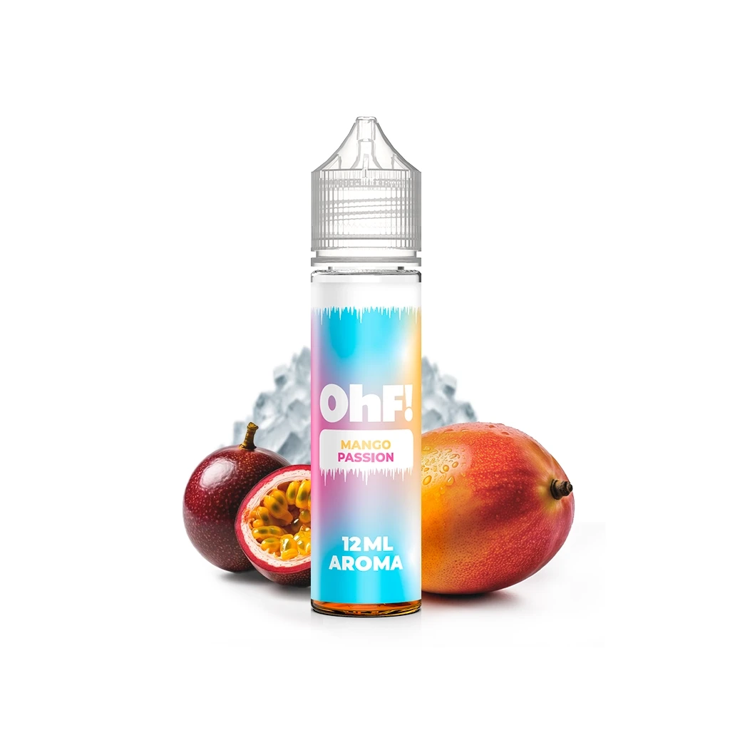 Frasco OhF! Mango Passion con etiqueta multicolor y texto «12 ml aroma», acompañado de mango, maracuyá y hielo.