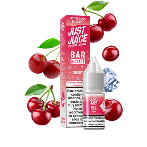 Frasco y caja rosa de Just Juice Bar Nic Salt Cherry, rodeados de cerezas y hielo, con advertencias sobre nicotina.