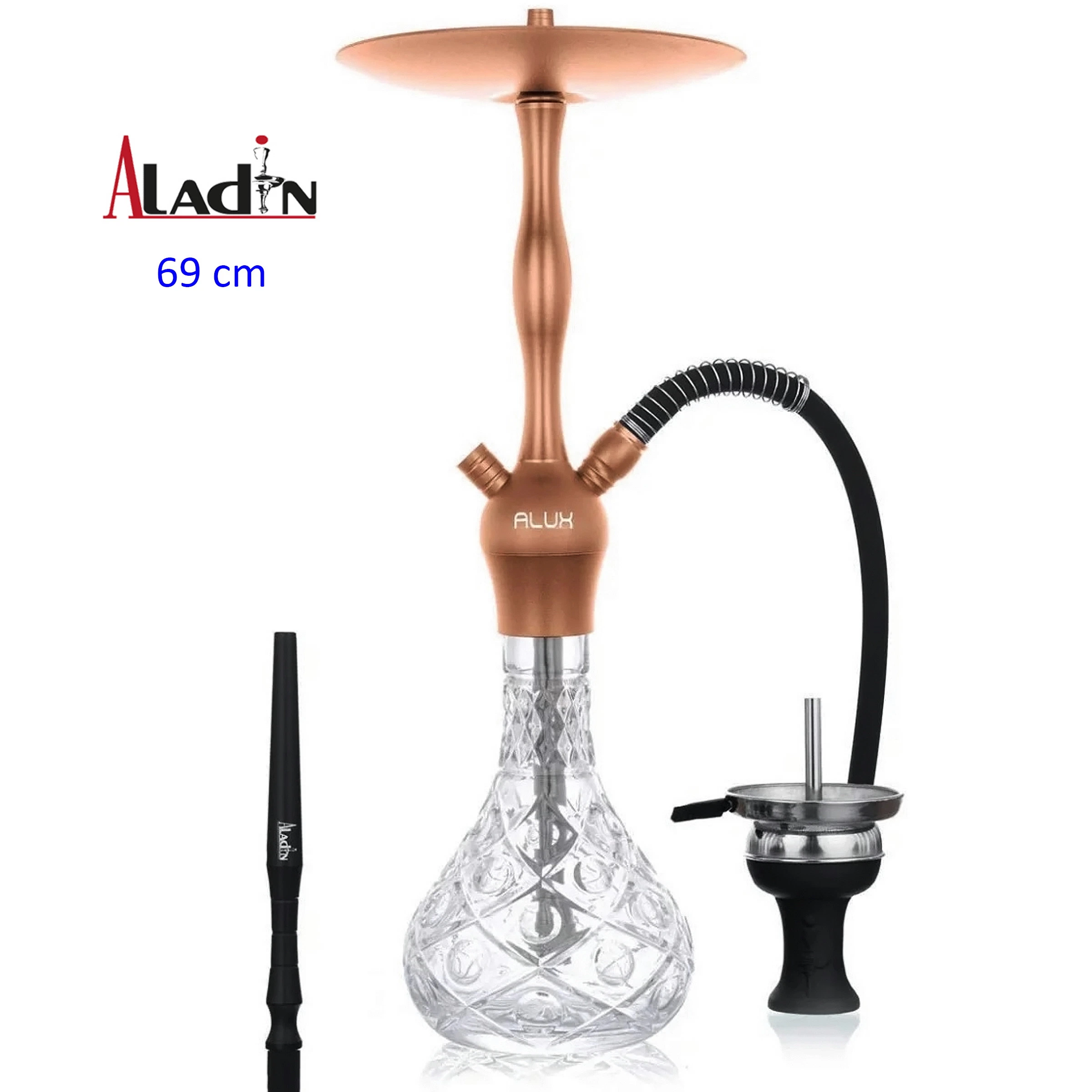 Shisha ALADIN ALUX Admiral rosa, con cuerpo cobrizo, base transparente tallada, manguera negra y accesorios separados sobre fondo blanco.