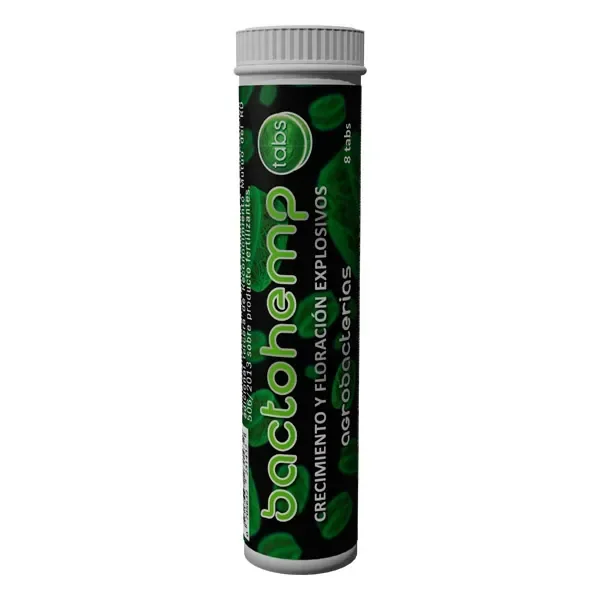 Tubo de Bactohemp Tabs con tapón gris y etiqueta negra y verde, con los textos «agrobacterias» y «8 tabs» sobre fondo blanco.