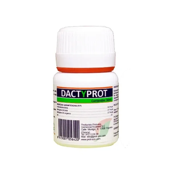 Frasco blanco de Dactyprot de PROT ECO, con tapón estriado, precinto naranja y etiqueta con banda verde y contenido de 30 ml.