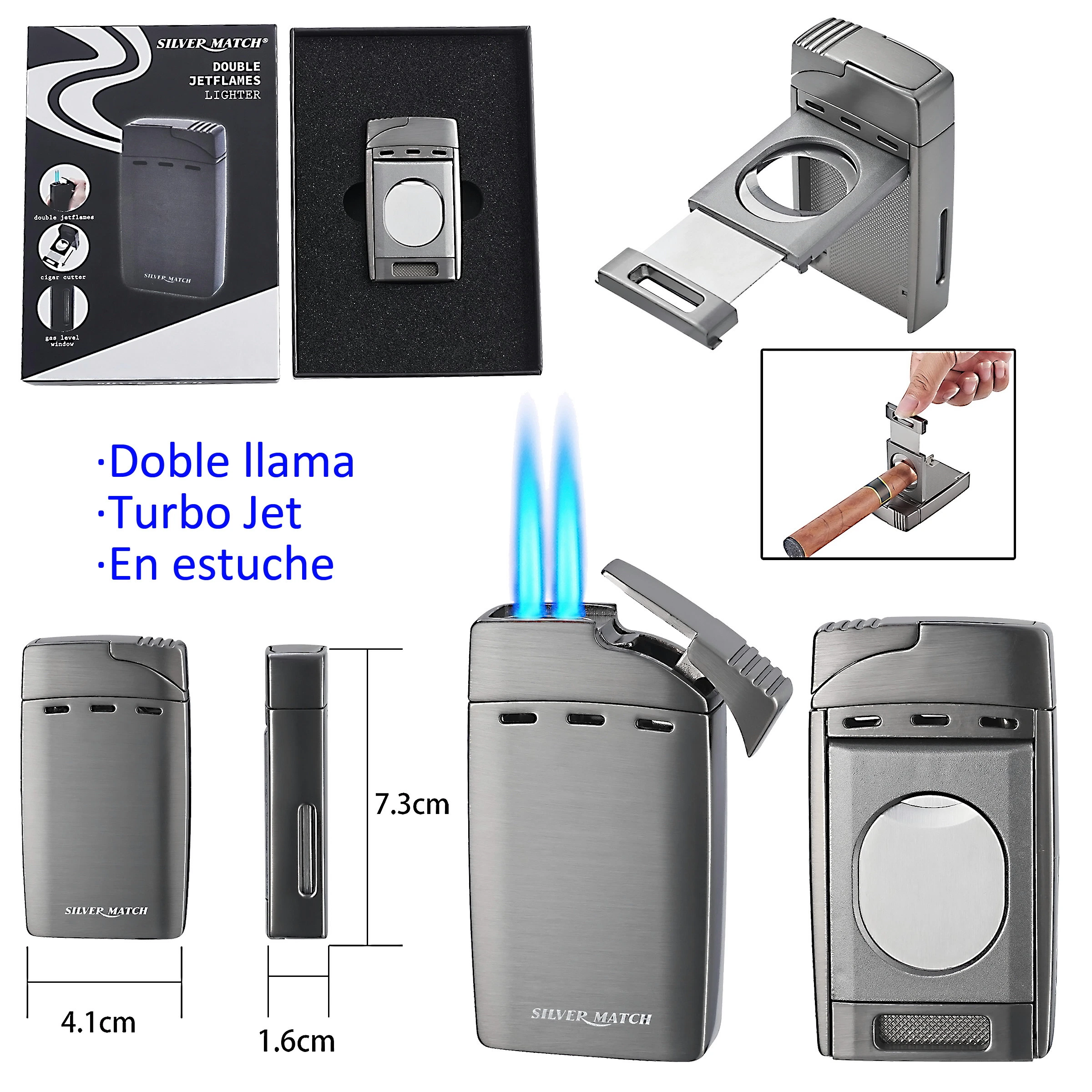 Montaje del encendedor Silver Match gris con doble llama azul, cortapuros desplegable, estuche y vistas desde distintos ángulos.