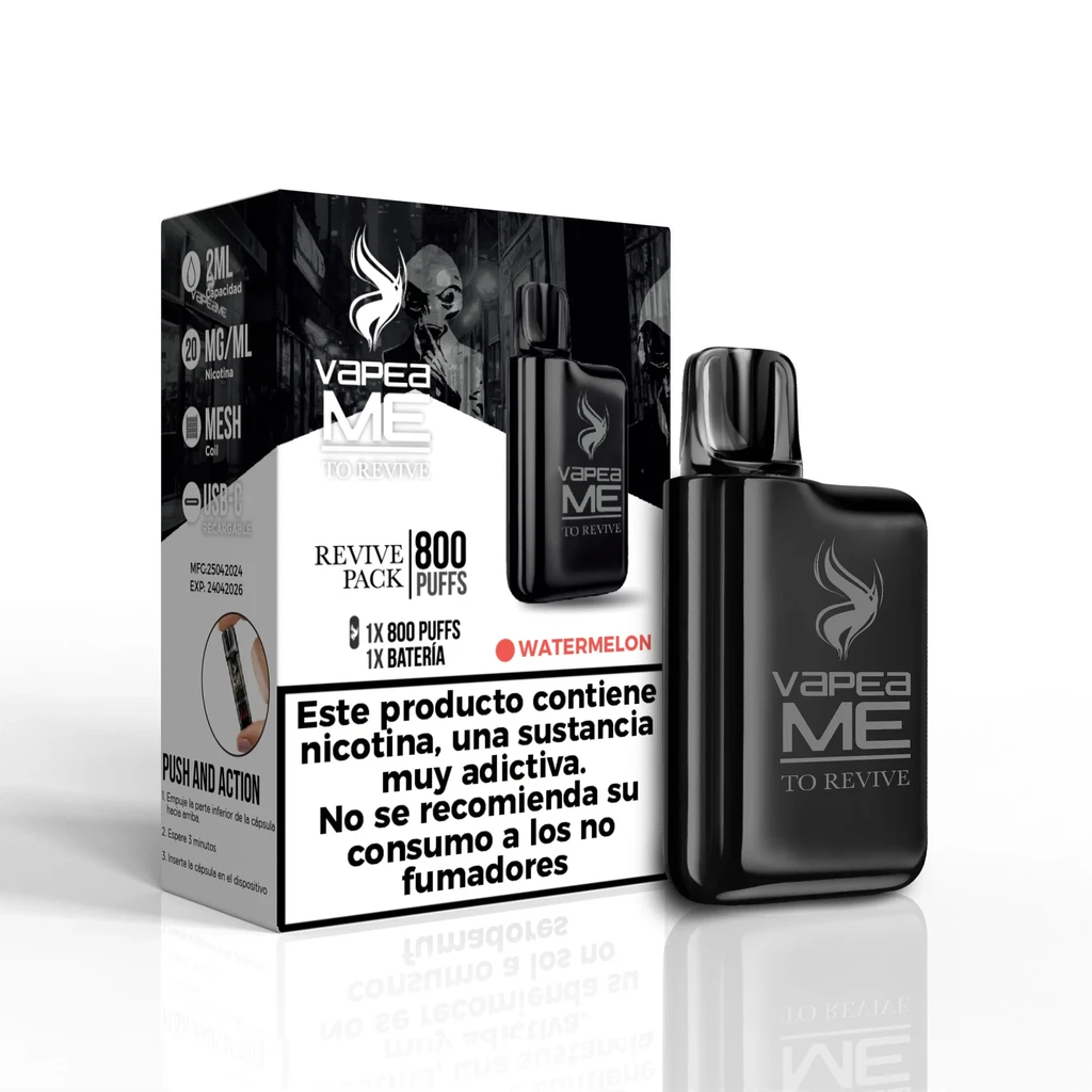 Vapeador negro Vapeame To Revive junto a su caja Watermelon, con indicaciones de 800 puffs, 20 mg/ml y advertencia sobre nicotina.