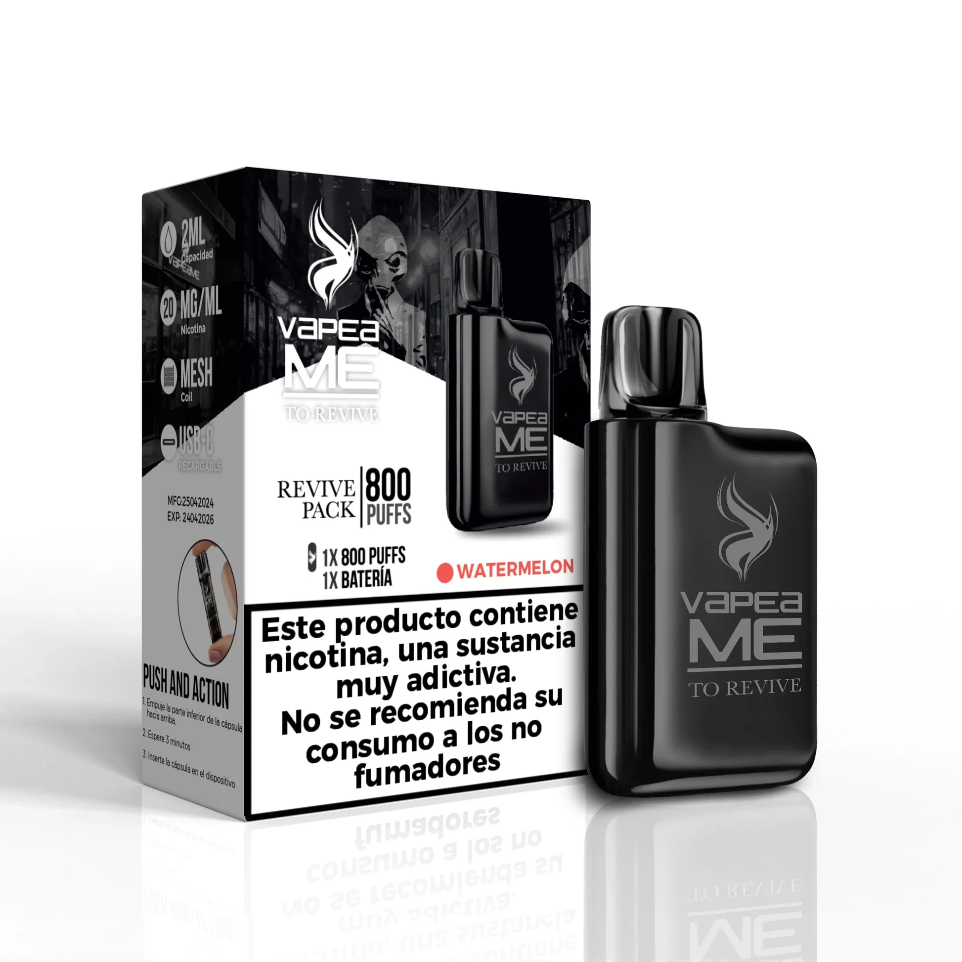 Vapeador negro Vapeame To Revive junto a su caja Watermelon, con indicaciones de 800 puffs, 20 mg/ml y advertencia sobre nicotina.