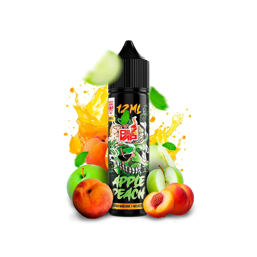 Frasco negro de Oil4Vap Kabuki Apple Peach Longfill rodeado de manzanas, melocotones y salpicaduras amarillas sobre fondo blanco.