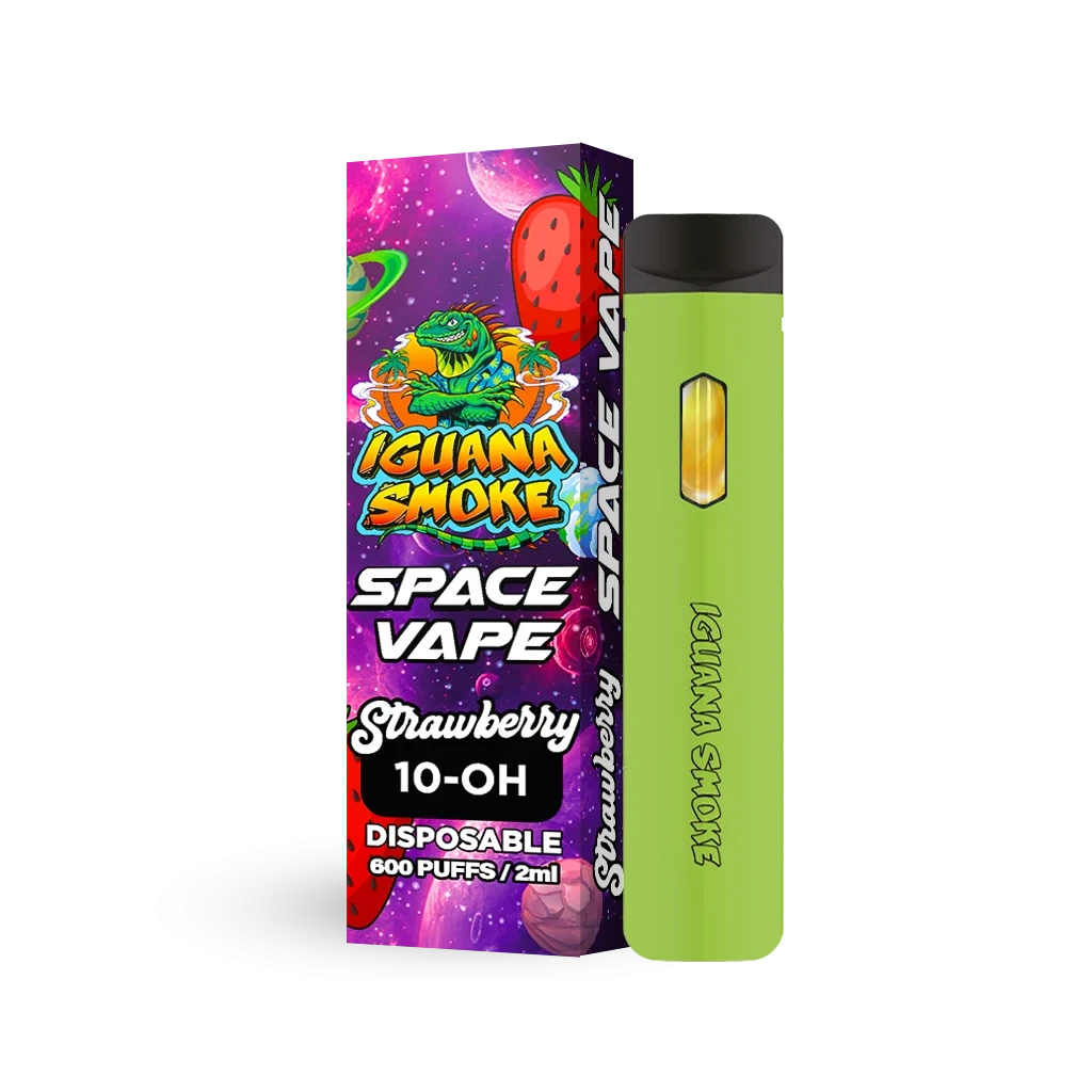 Vaper verde Iguana Smoke con boquilla negra junto a su caja violeta Space Vape Strawberry, rotulada 10-OH, 600 puffs y 2 ml.