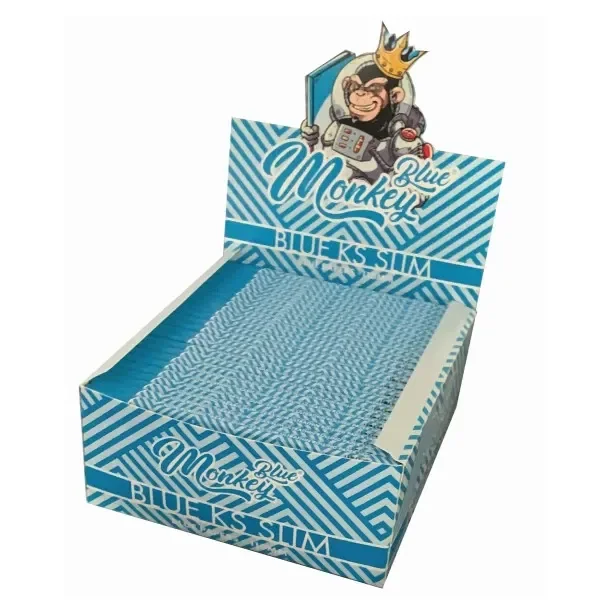 Expositor abierto de papel Monkey King Size Slim Color Blue, con libritos de rayas azules y blancas y un mono coronado en la cabecera.