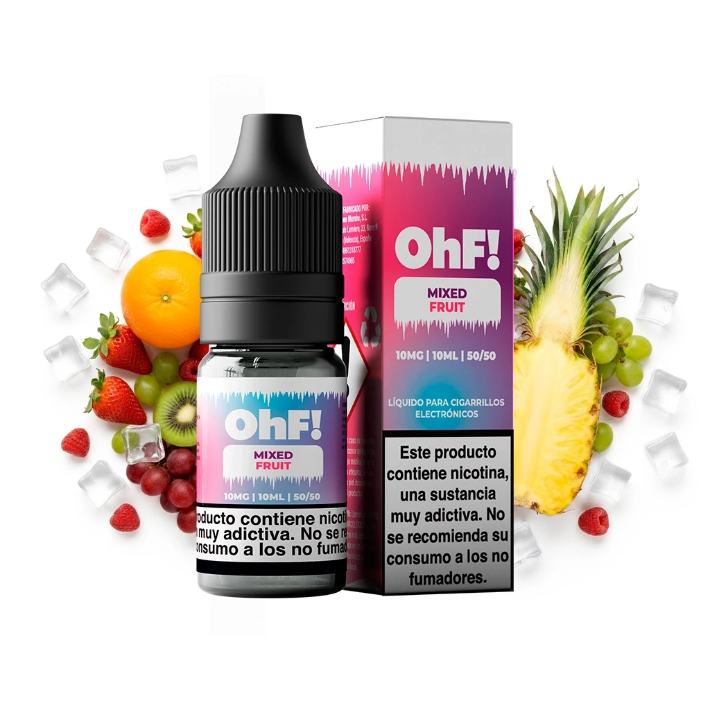 Frasco y caja de OhF! Mixed Fruit con etiquetas rosas y azules, rodeados de frutas variadas y hielo; la caja indica 10 mg, 10 ml y 50/50.