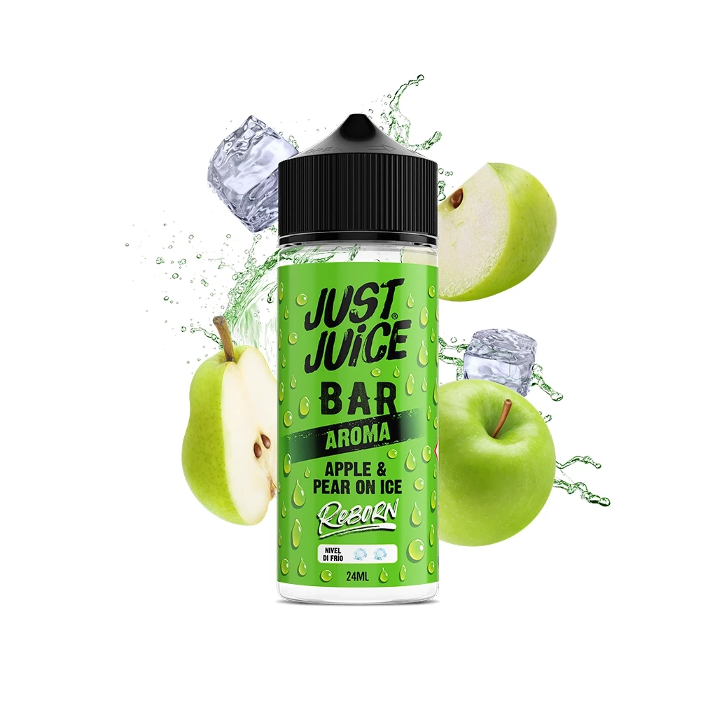 Botella Just Juice Reborn Apple Pear On Ice de 24 ml, con etiqueta verde, manzana, pera, cubitos de hielo y salpicaduras.