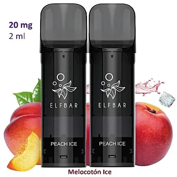 Pods negros Elfbar Peach Ice con boquilla gris translúcida, junto a melocotones y hielo; aparecen los textos 20 mg y 2 ml.