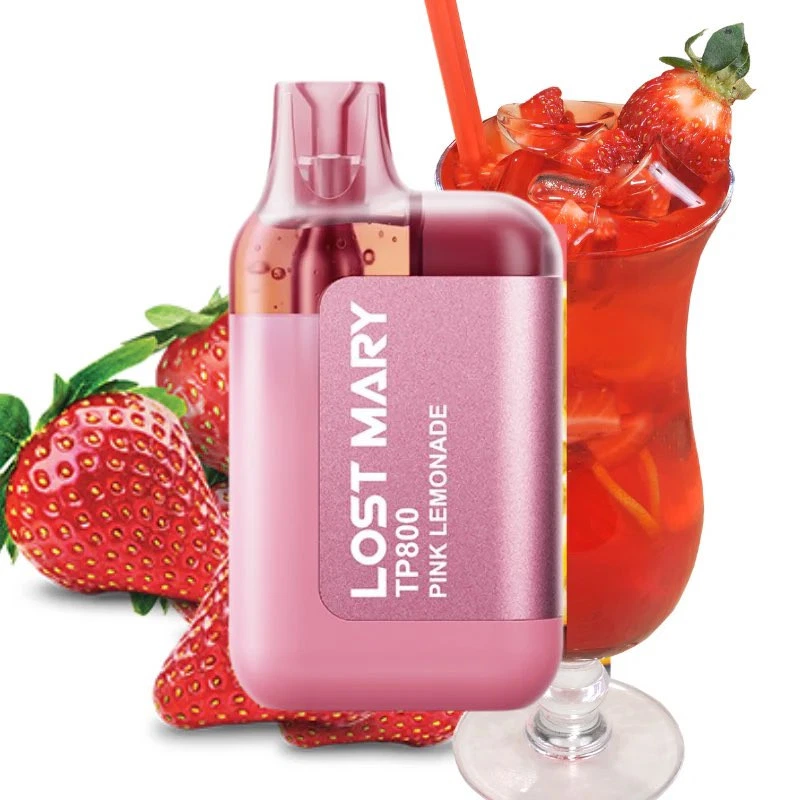 Vaper rosa Lost Mary TP800 con texto Pink Lemonade, delante de fresas y una copa de bebida roja con hielo y pajita.