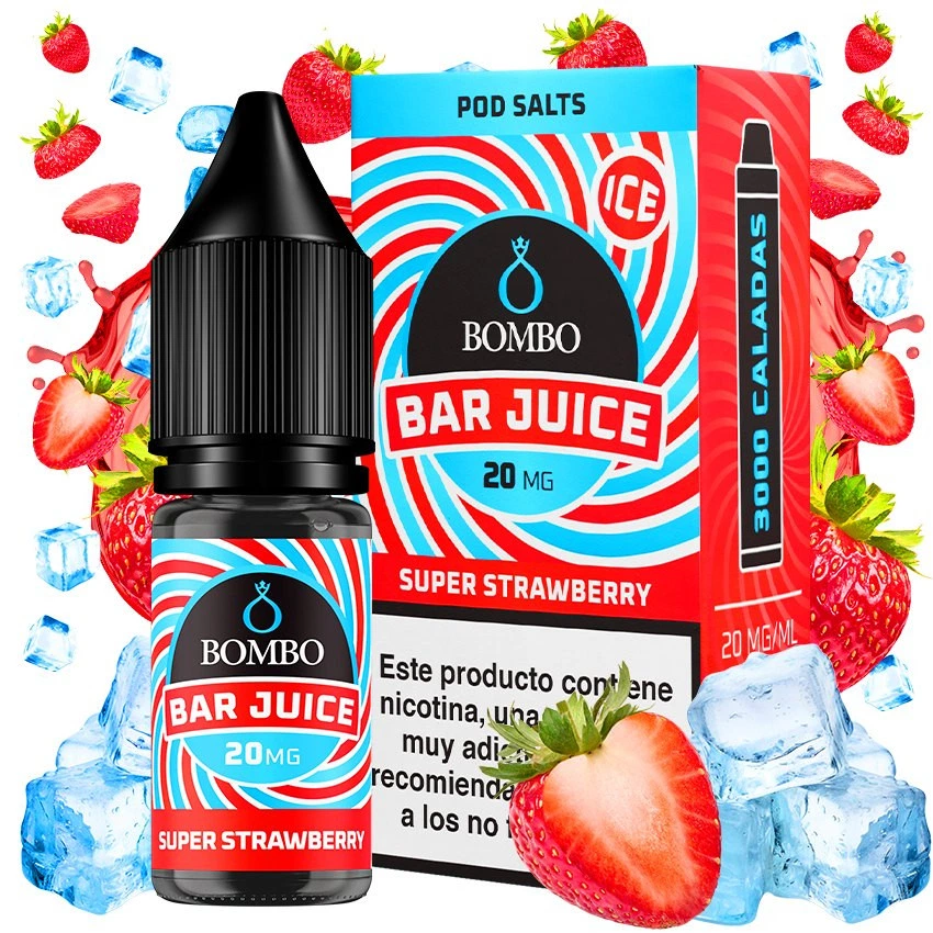 Frasco y caja de Bombo Bar Juice Super Strawberry Ice, con etiqueta de 20 mg y diseño rojo y azul, rodeados de fresas y cubitos de hielo.