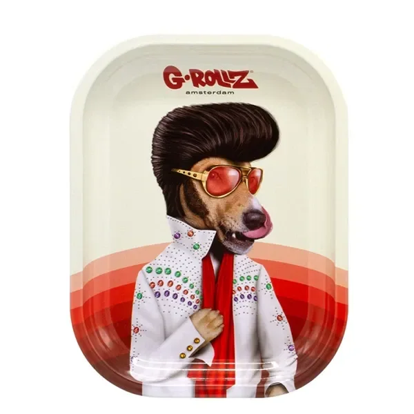 Bandeja G-Rollz Vegas con un perro ilustrado con tupé, gafas rojas y traje blanco decorado, sobre franjas rojas y fondo crema.