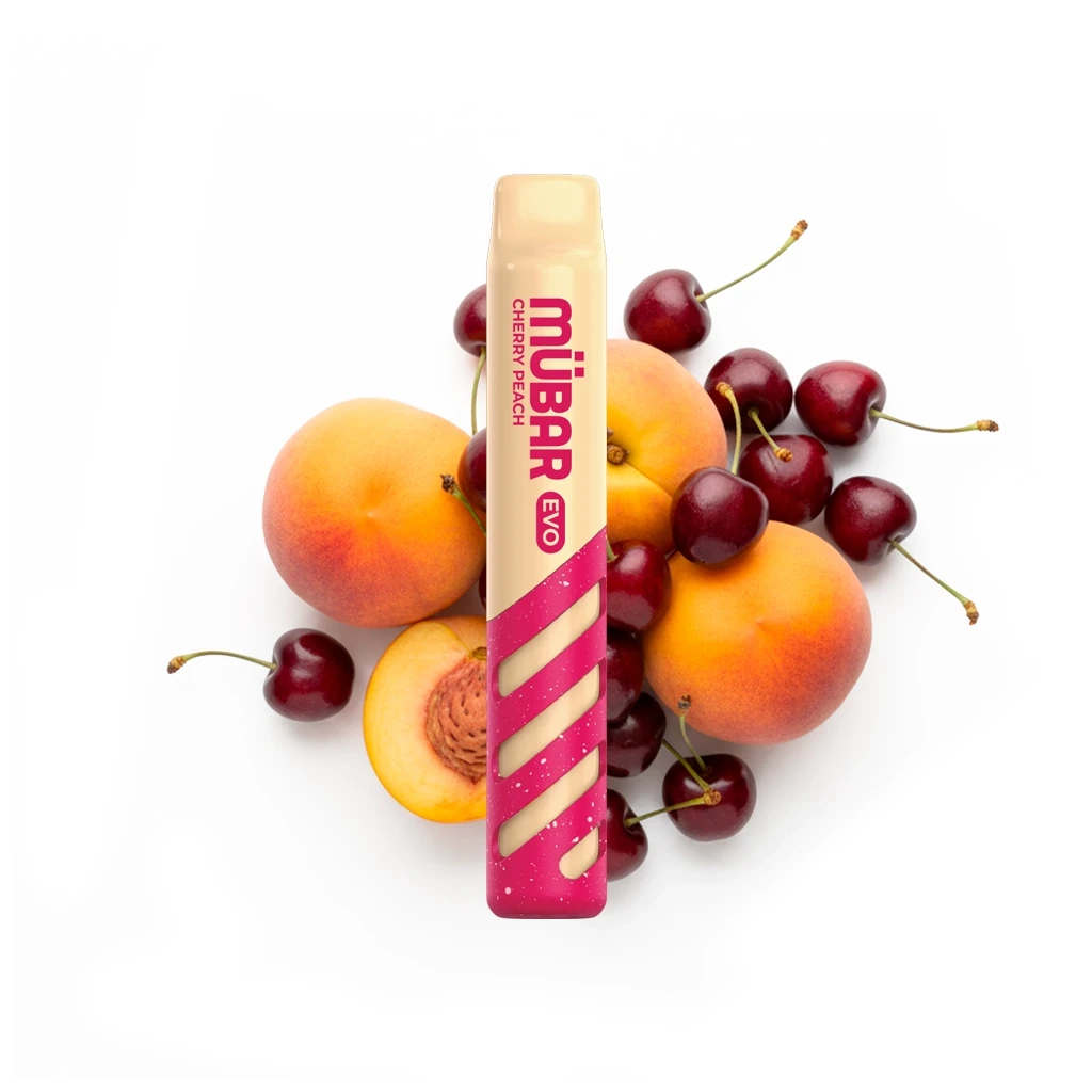 Vaper Mübar Evo Cherry Peach amarillo y rosa, en posición vertical, rodeado de cerezas y melocotones sobre fondo blanco.