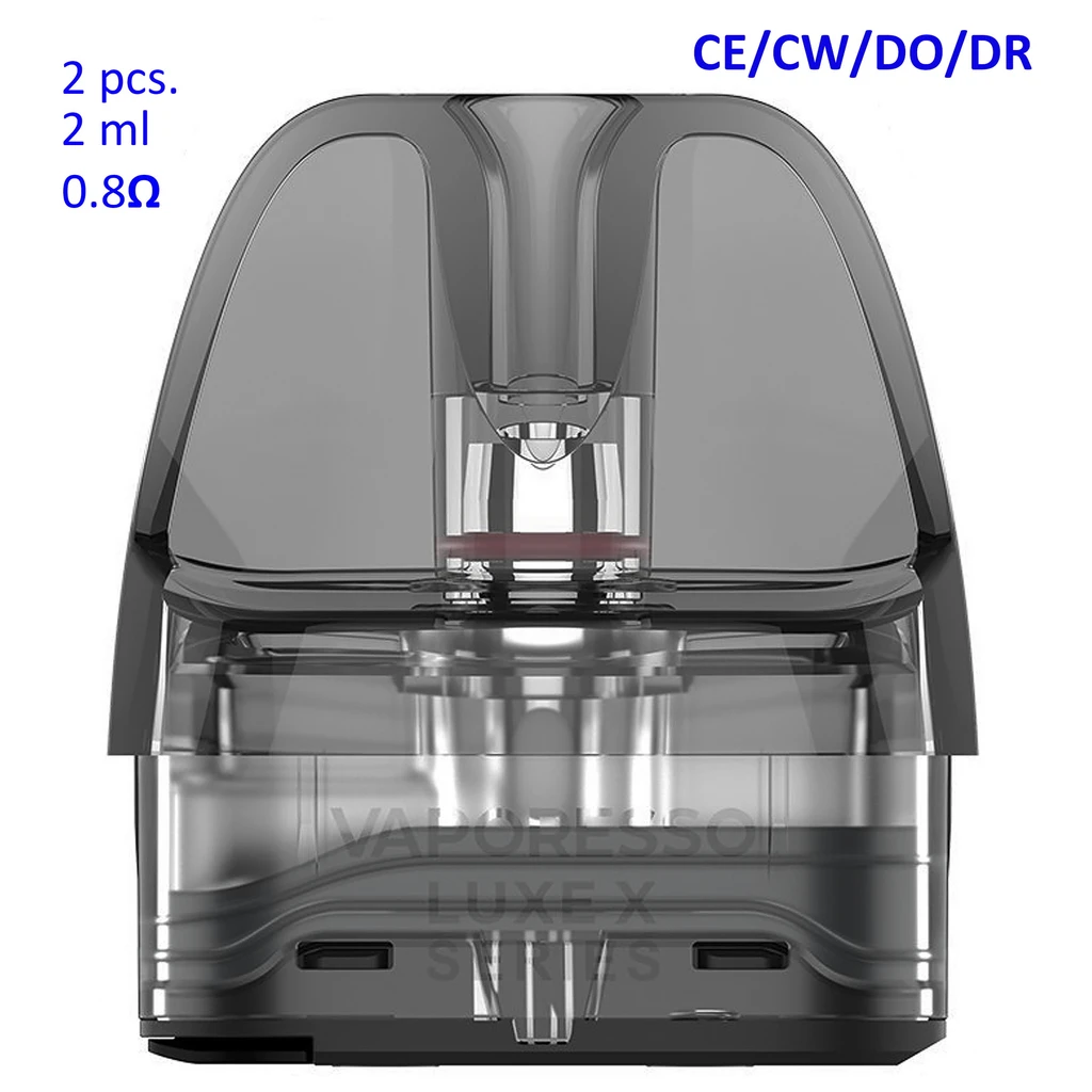 Pod Vaporesso Luxe X Series translúcido gris en vista frontal, con indicaciones de 2 unidades, 2 ml, 0,8 Ω y CE/CW/DO/DR.