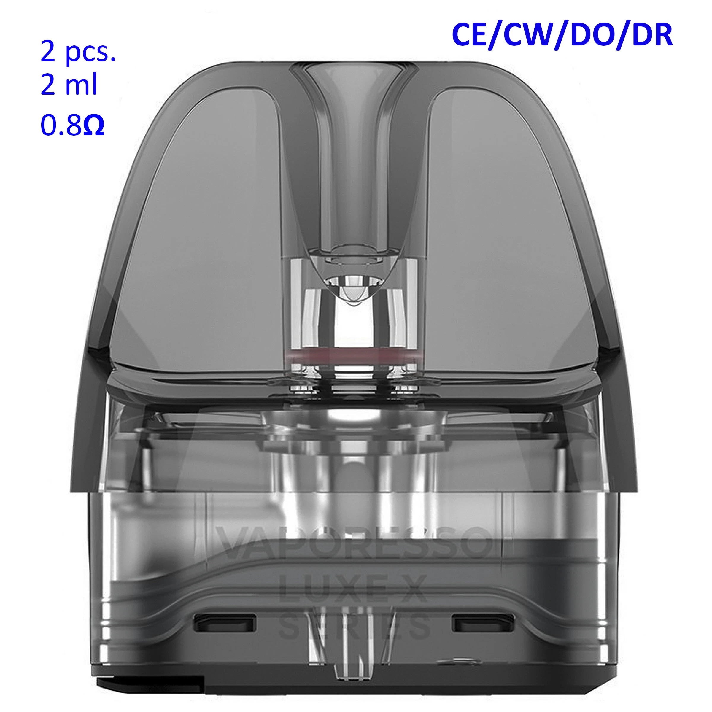 Pod Vaporesso Luxe X Series translúcido gris en vista frontal, con indicaciones de 2 unidades, 2 ml, 0,8 Ω y CE/CW/DO/DR. Pod Vaporesso Luxe X Series translúcido gris en vista frontal, con indicaciones de 2 unidades, 2 ml, 0,8 Ω y CE/CW/DO/DR.