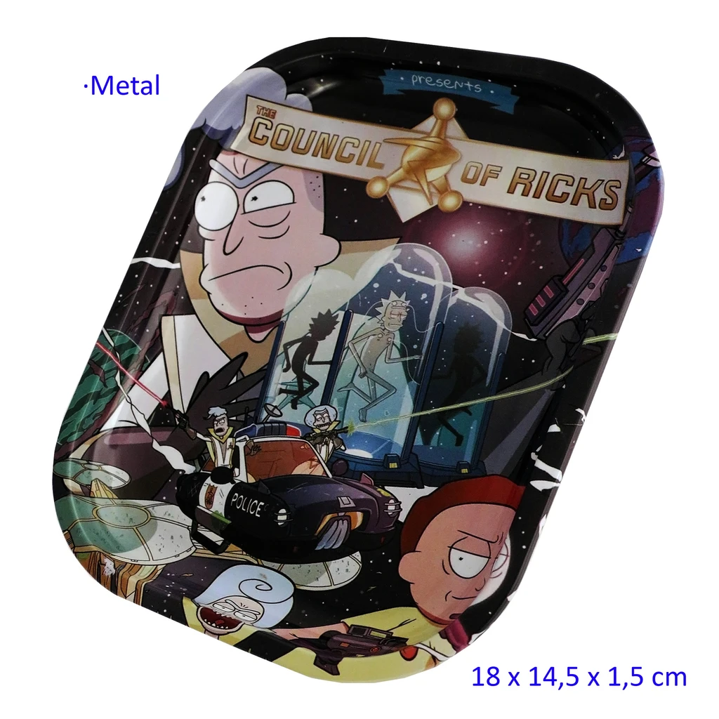 Bandeja para liar de bordes elevados y esquinas redondeadas, con personajes de Rick y Morty y el texto «The Council of Ricks».