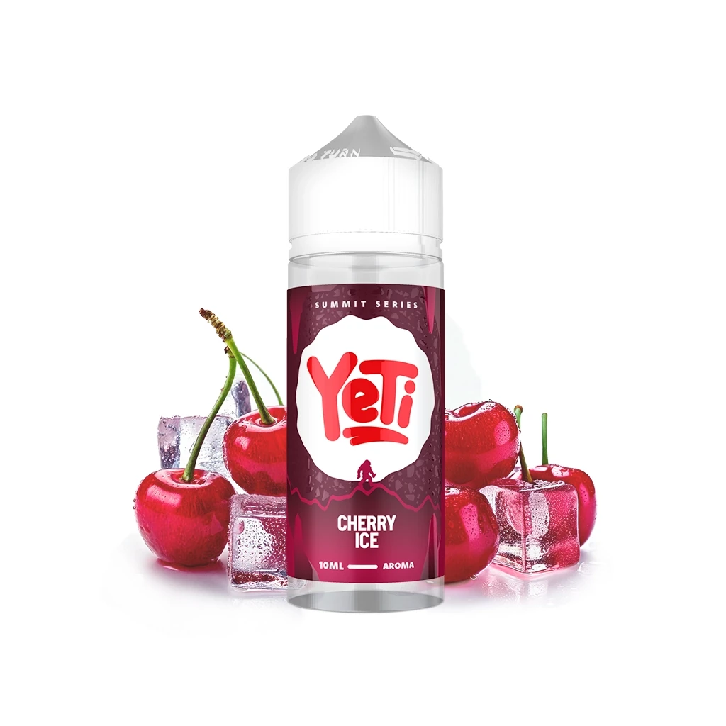 Bote Yeti Summit Series Cherry Ice con tapón blanco y etiqueta granate que indica 10 ml, rodeado de cerezas y cubitos de hielo.