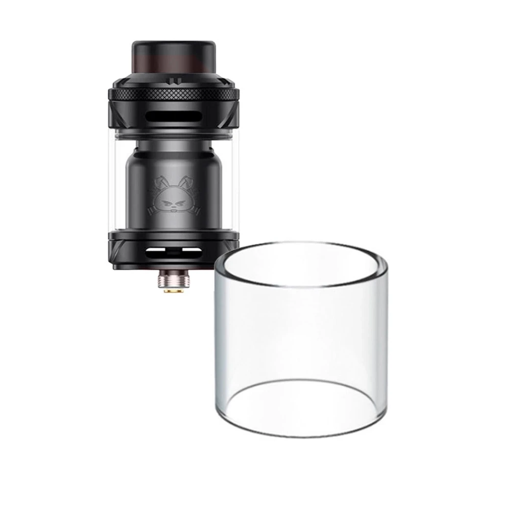 Cristal cilíndrico transparente para Hellvape Fat Rabbit 2 RTA en primer plano, junto a un atomizador negro sobre fondo blanco.