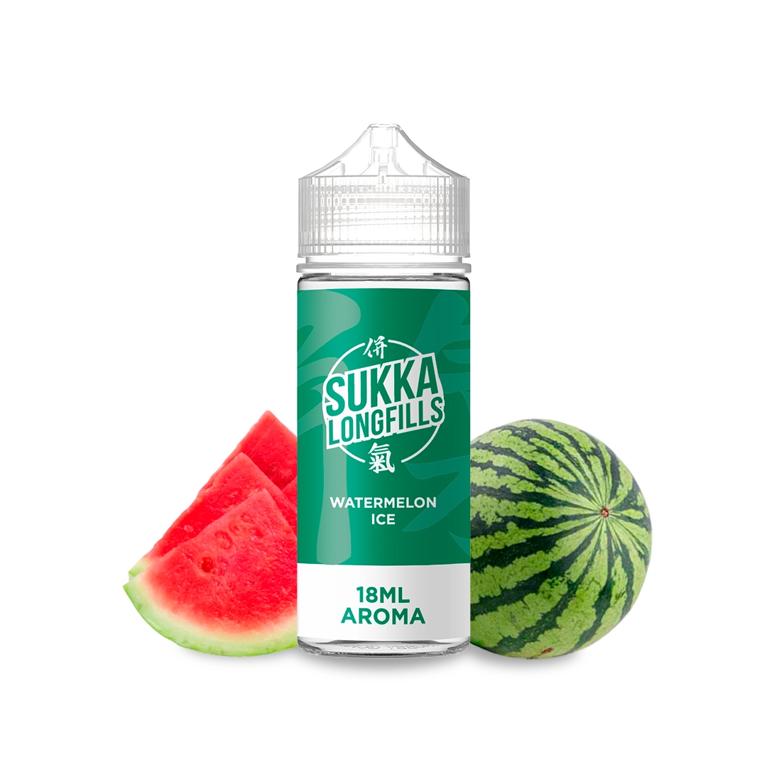Bote Sukka Watermelon Ice Longfill con tapón transparente y etiqueta verde «18ML AROMA», junto a una sandía y varias rodajas.