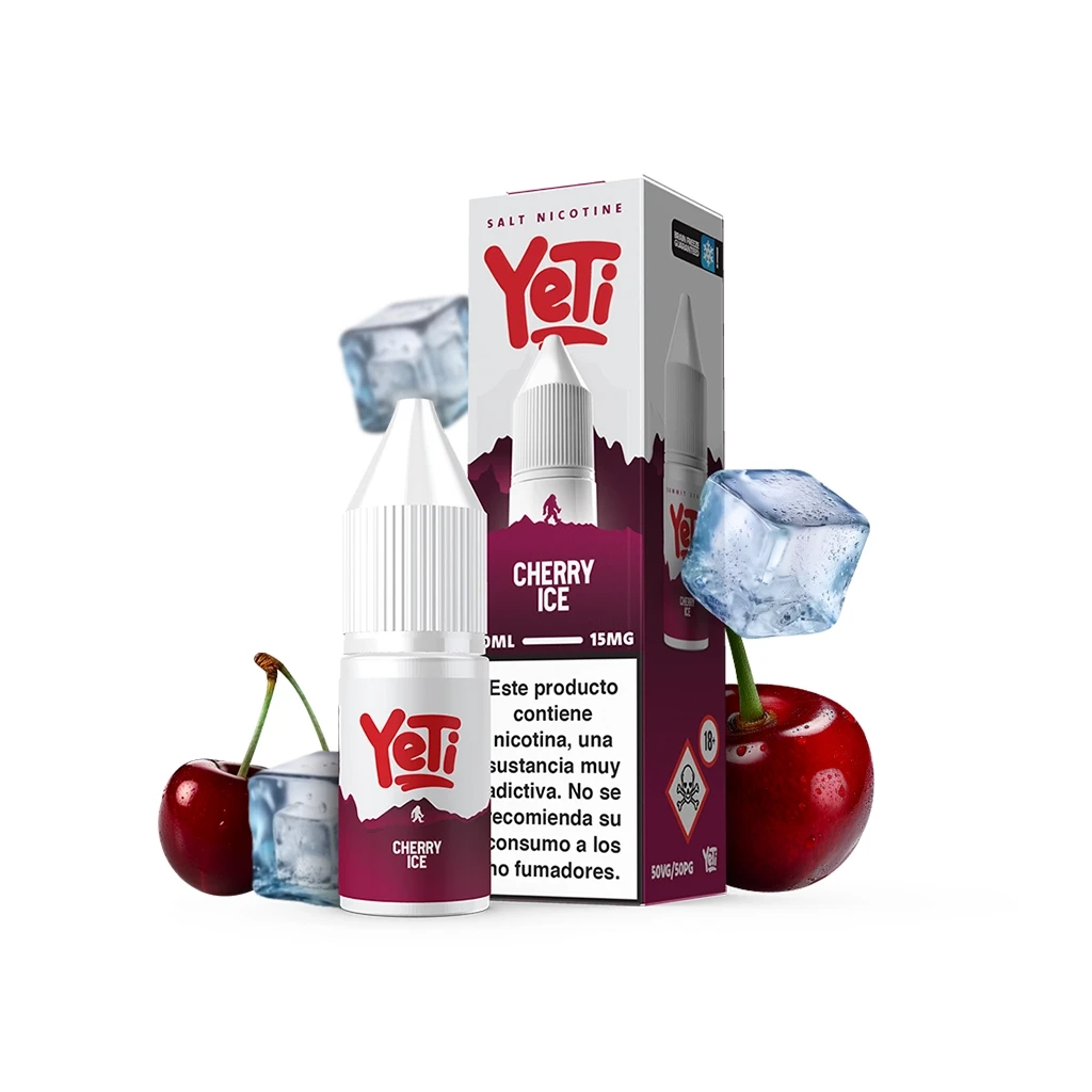 Frasco de Yeti Cherry Ice con tapón blanco junto a su caja, decorada en blanco y granate, con cerezas y cubitos de hielo alrededor.