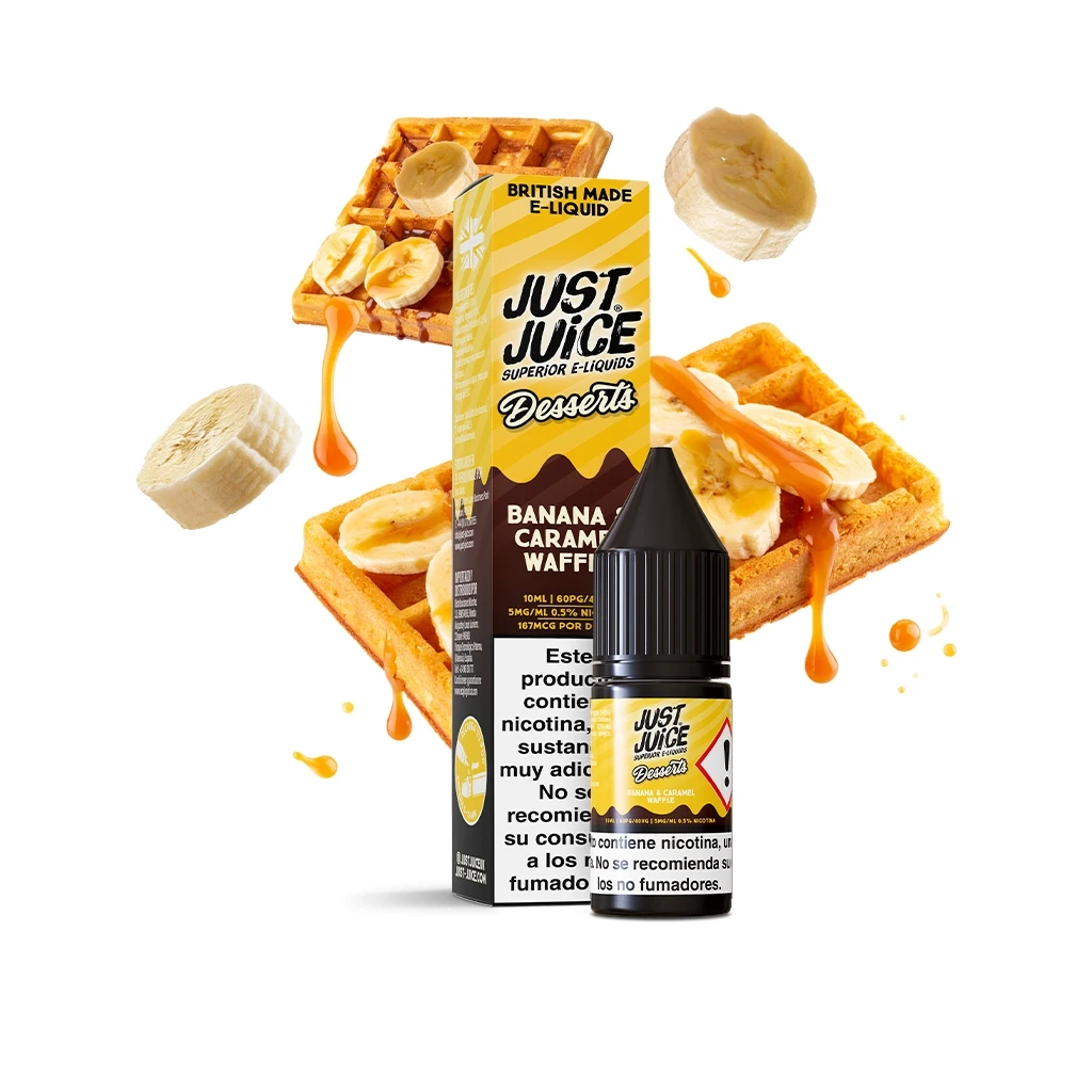 Frasco y caja amarilla de Just Juice Desserts Banana Caramel Waffle, rodeados de gofres, rodajas de plátano y caramelo.