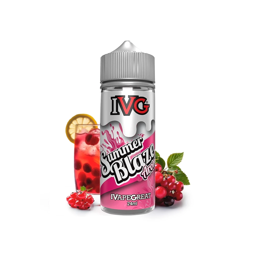 Frasco IVG Summer Blaze de 24 ml con etiqueta rosa y tapón gris, acompañado de una bebida roja con limón y frutos rojos.