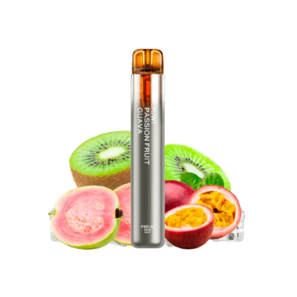 Vaper de cuerpo gris y boquilla ámbar, con el texto Kiwi Passion Fruit Guava, rodeado de kiwi, guayaba y maracuyá cortados. Vaper de cuerpo gris y boquilla ámbar, con el texto Kiwi Passion Fruit Guava, rodeado de kiwi, guayaba y maracuyá cortados.