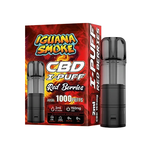 CBD I-PUFF Red Berries de Iguana Smoke junto a su caja roja, con cuerpo negro y depósito translúcido sobre fondo negro.