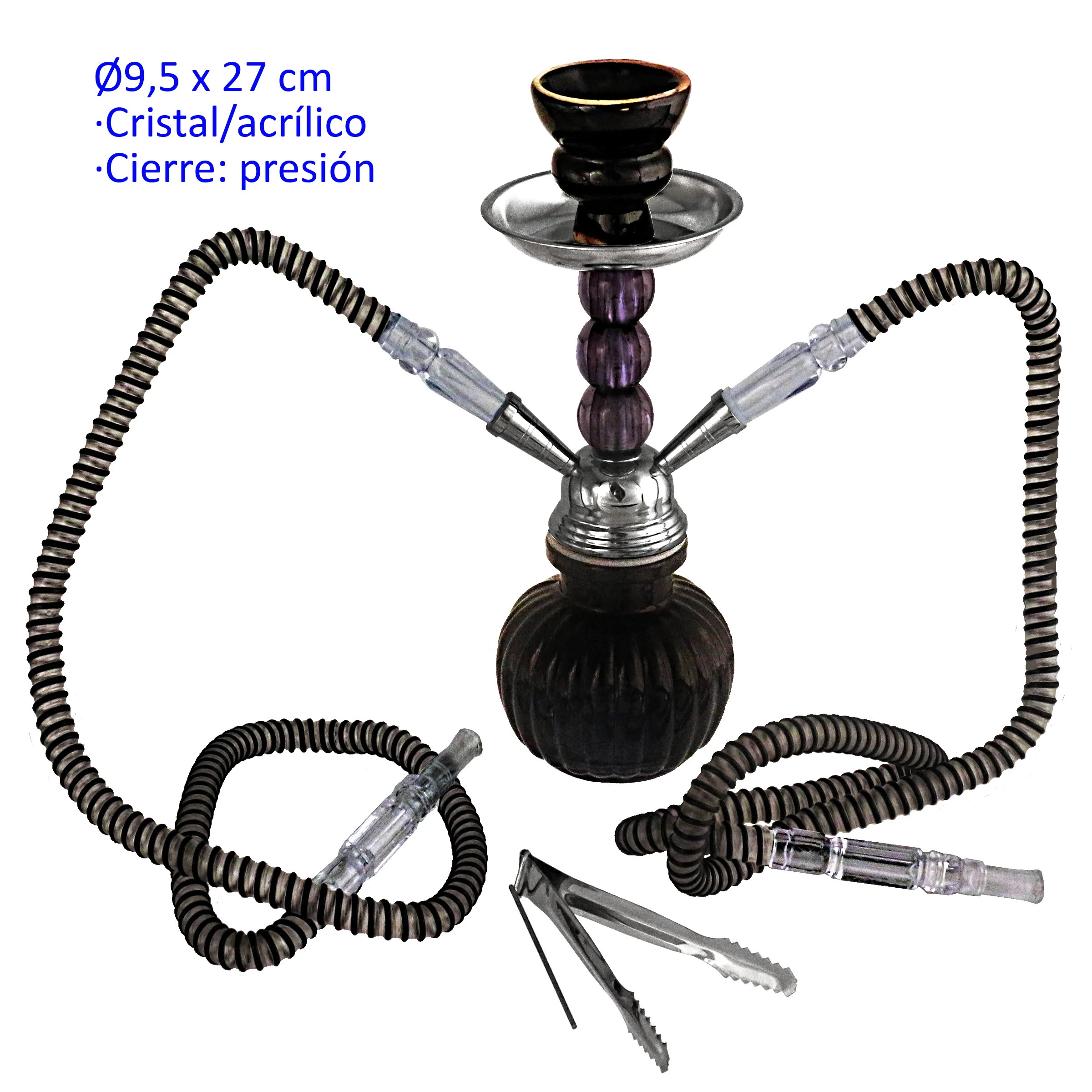 Shisha negra con base acanalada, cuerpo con detalles morados y mangueras con boquillas transparentes, junto a unas pinzas.