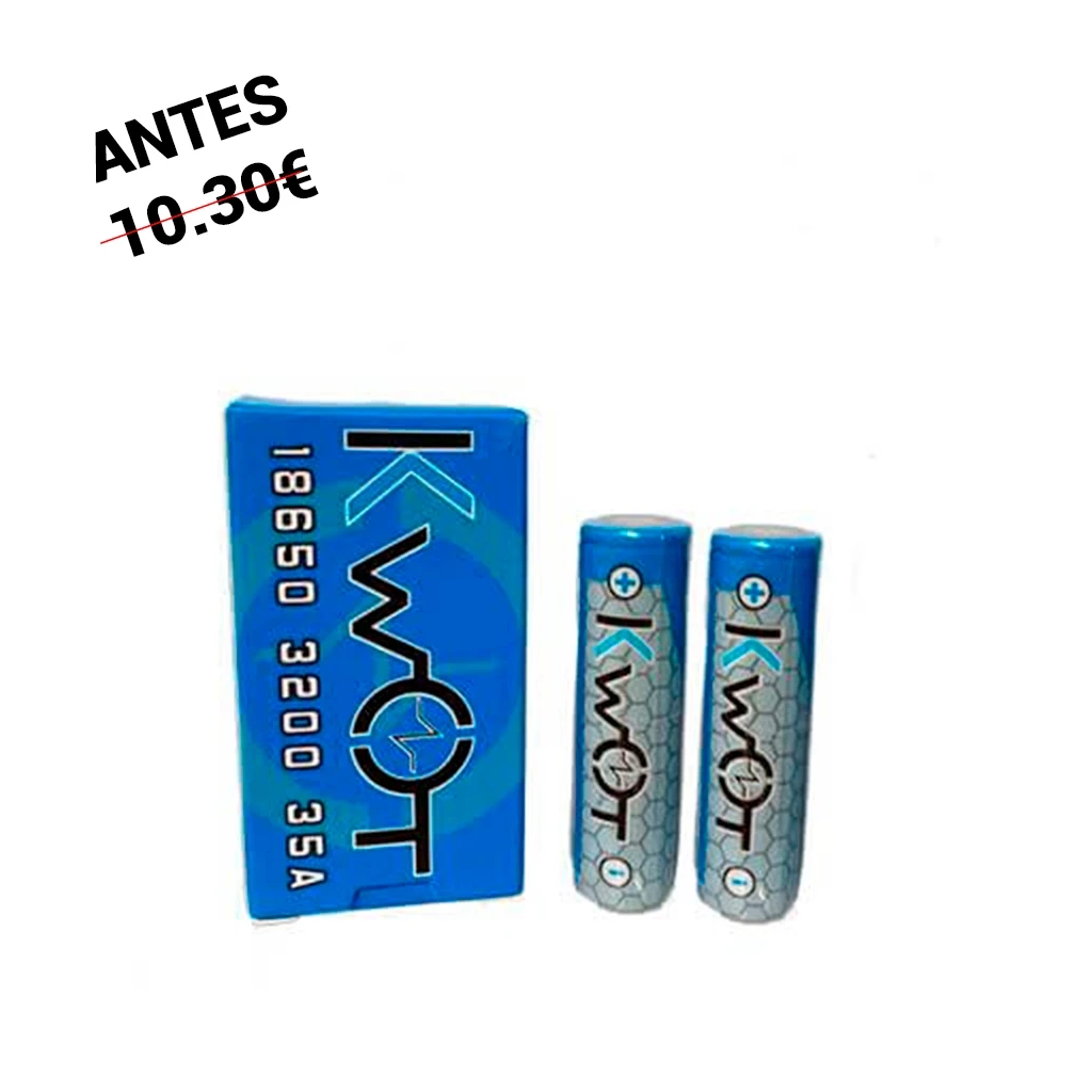 Baterías cilíndricas Kwot azules y plateadas junto a su caja azul, rotulada 18650, 3200 y 35A. Baterías cilíndricas Kwot azules y plateadas junto a su caja azul, rotulada 18650, 3200 y 35A.