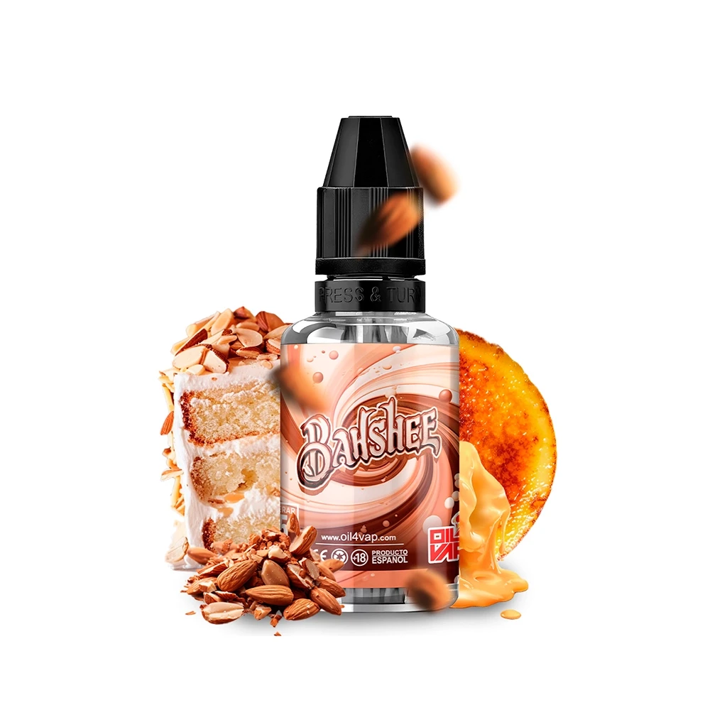 Frasco Banshee de Oil4Vap con tapón negro, rodeado de almendras, una porción de tarta y un postre de superficie caramelizada.