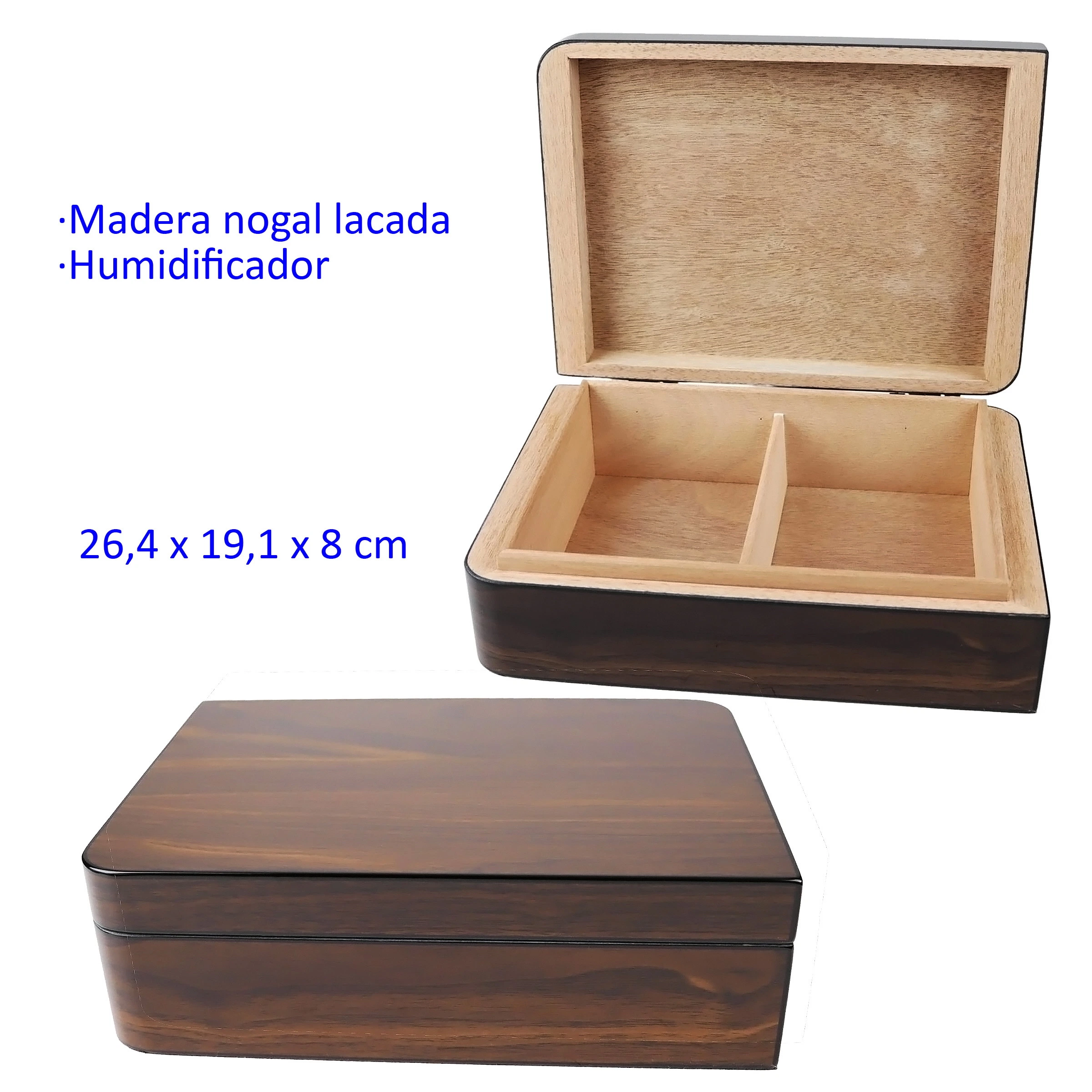 Humidor de nogal lacado mostrado abierto y cerrado, con exterior marrón veteado e interior claro dividido por un separador. Humidor de nogal lacado mostrado abierto y cerrado, con exterior marrón veteado e interior claro dividido por un separador.