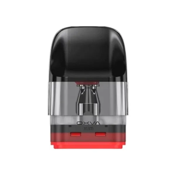 Pod de recambio Oxva Xlim EZ visto de frente, con boquilla negra, depósito transparente y base roja sobre fondo blanco.
