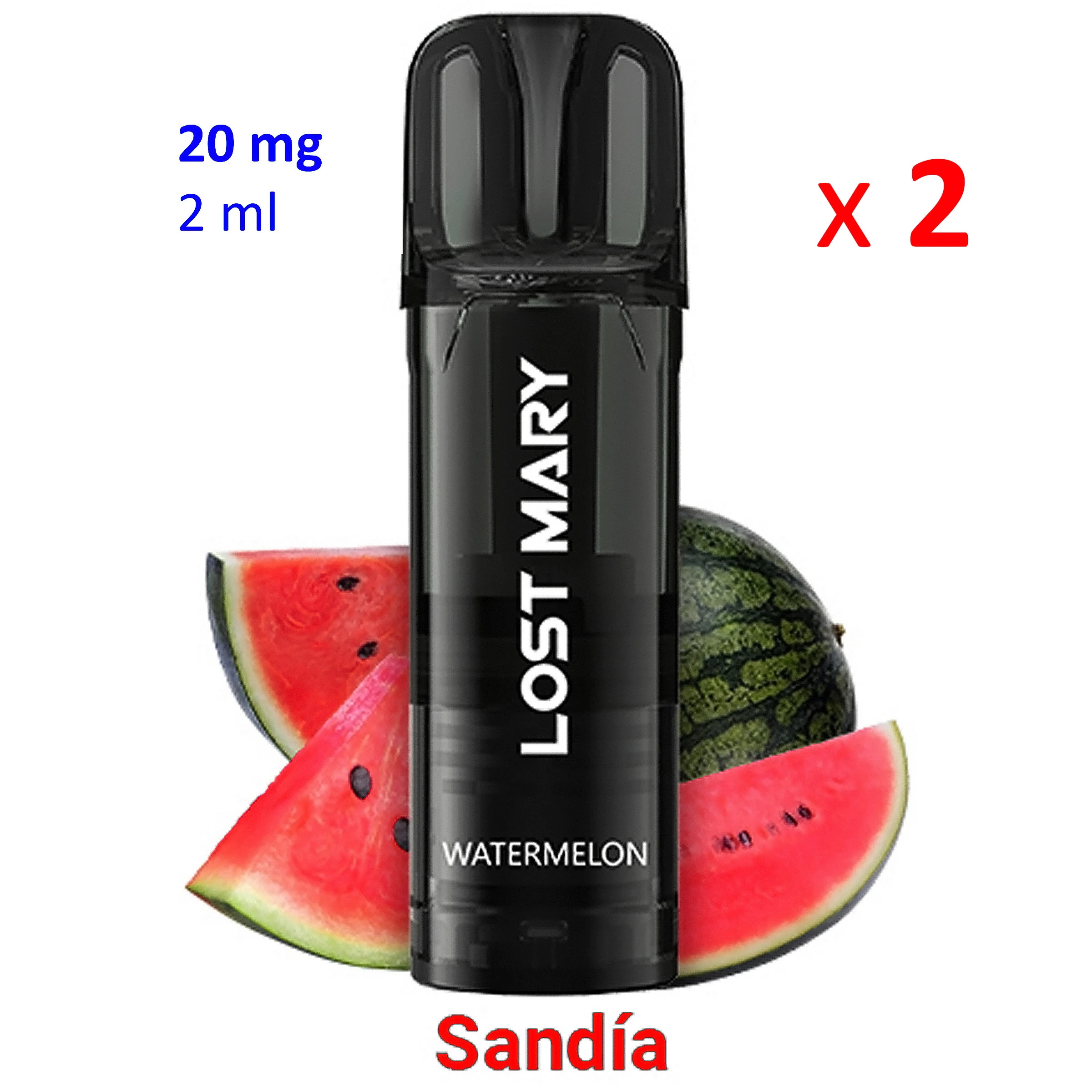 Pod negro Lost Mary Watermelon con sandía al fondo y textos «20 mg», «2 ml» y «x 2» sobre fondo blanco.