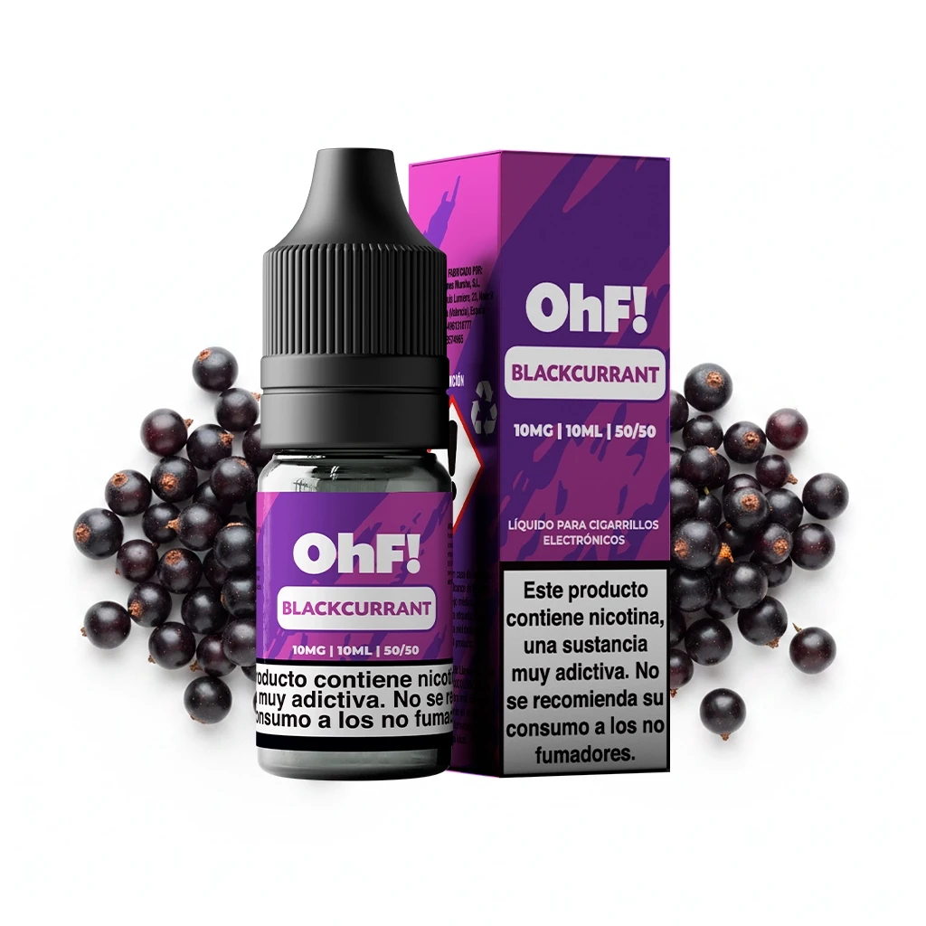 Frasco y caja morada OhF Blackcurrant con grosellas negras alrededor; la caja indica 10 mg, 10 ml y 50/50 y muestra una advertencia sobre nicotina.