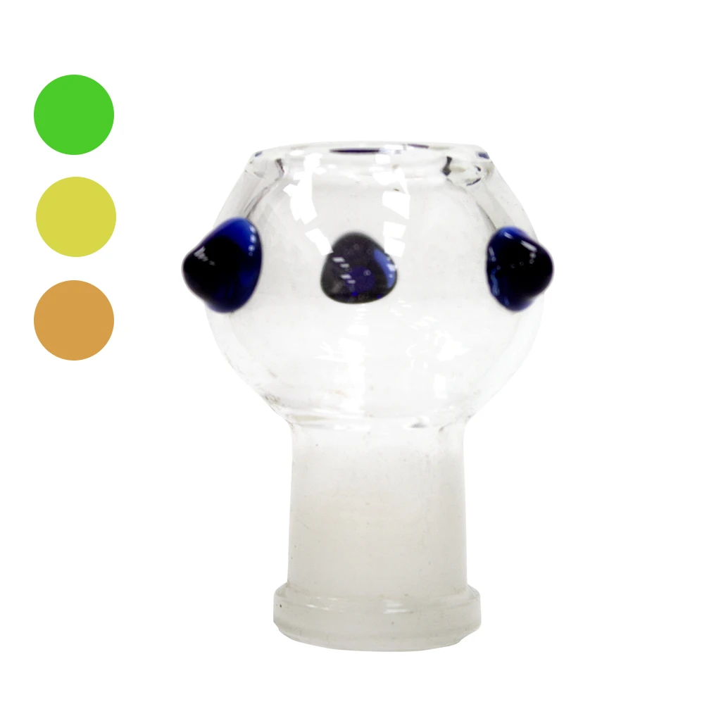 Cúpula transparente para bong BHO, con detalles abultados azul oscuro y base esmerilada, junto a muestras de color circulares.