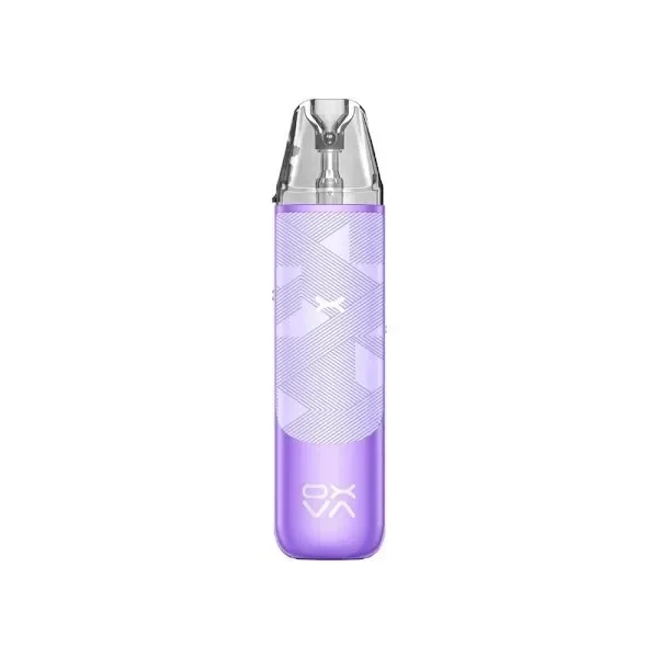 Oxva NeXLIM Go violeta, con motivos geométricos de líneas finas y boquilla translúcida, en vista frontal sobre fondo blanco.