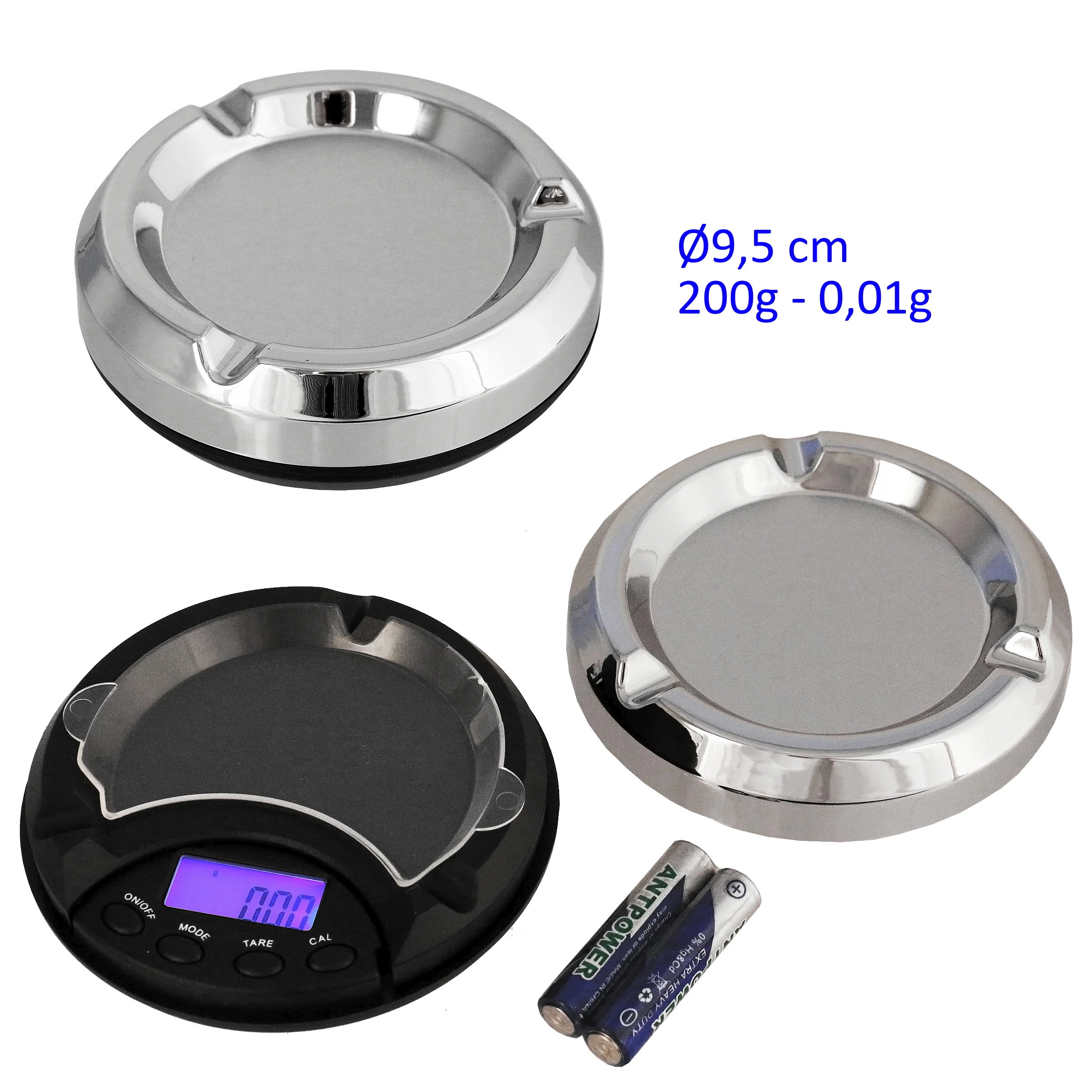Báscula digital de 200 g y precisión de 0,01 g con tapa en forma de cenicero, mostrada abierta y cerrada junto a unas pilas.