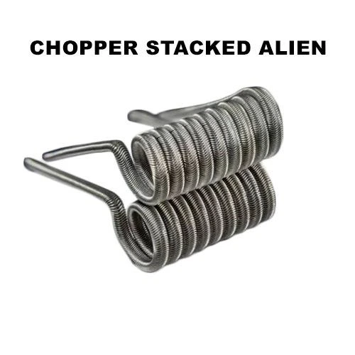 Resistencias Charro Coils de alambre enrollado, dispuestas una sobre otra sobre fondo blanco, bajo el texto «CHOPPER STACKED ALIEN».