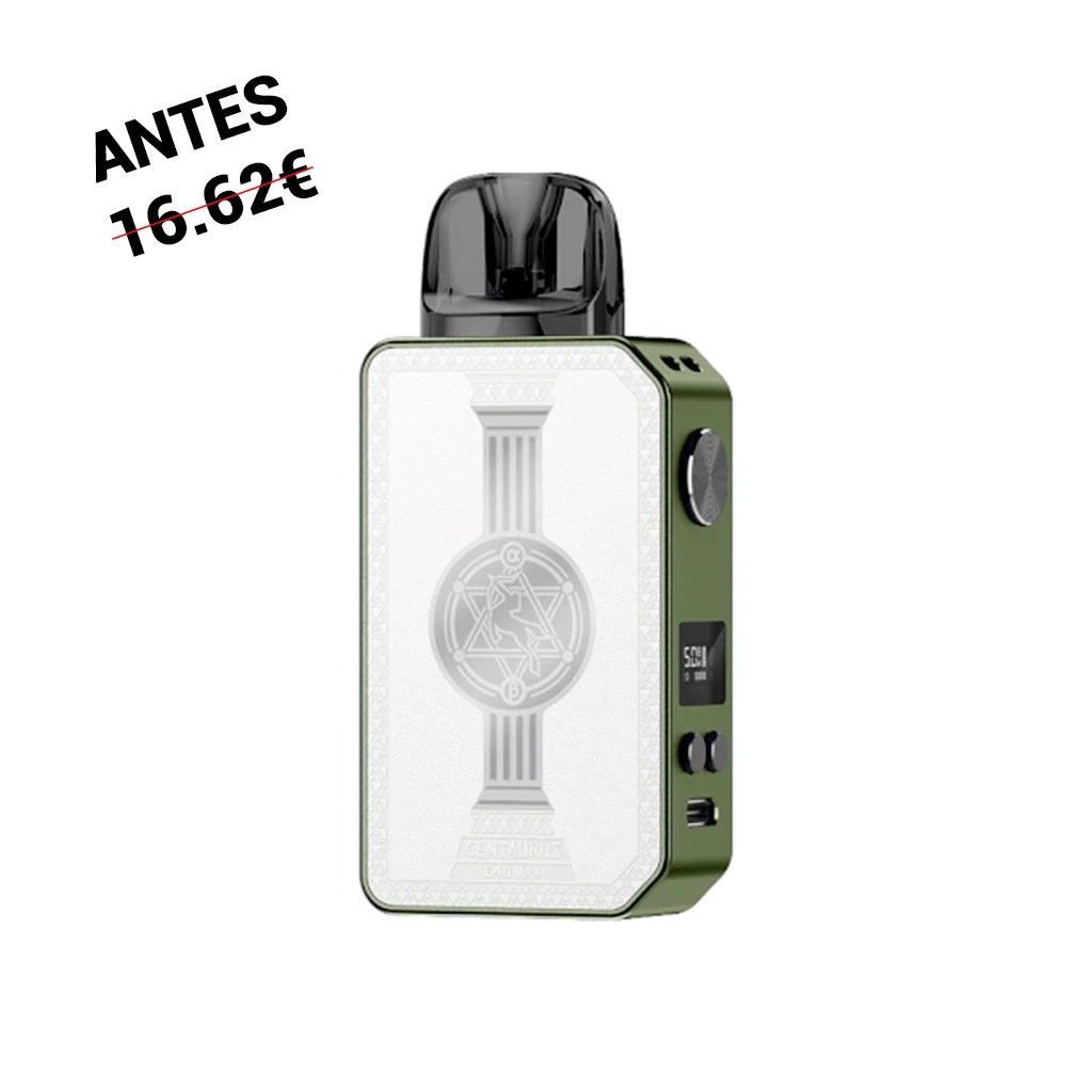 Pod Lost Vape Centaurus E40 Max verde con panel frontal blanco decorado, boquilla negra, pantalla y controles laterales. Pod Lost Vape Centaurus E40 Max verde con panel frontal blanco decorado, boquilla negra, pantalla y controles laterales.