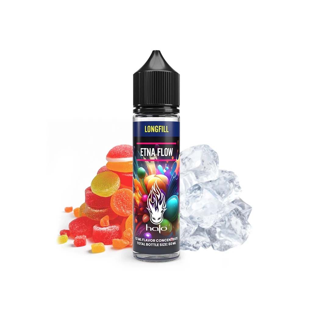 Frasco Halo Etna Flow con tapón negro y etiqueta multicolor, flanqueado por golosinas de colores y cubitos de hielo sobre fondo blanco.